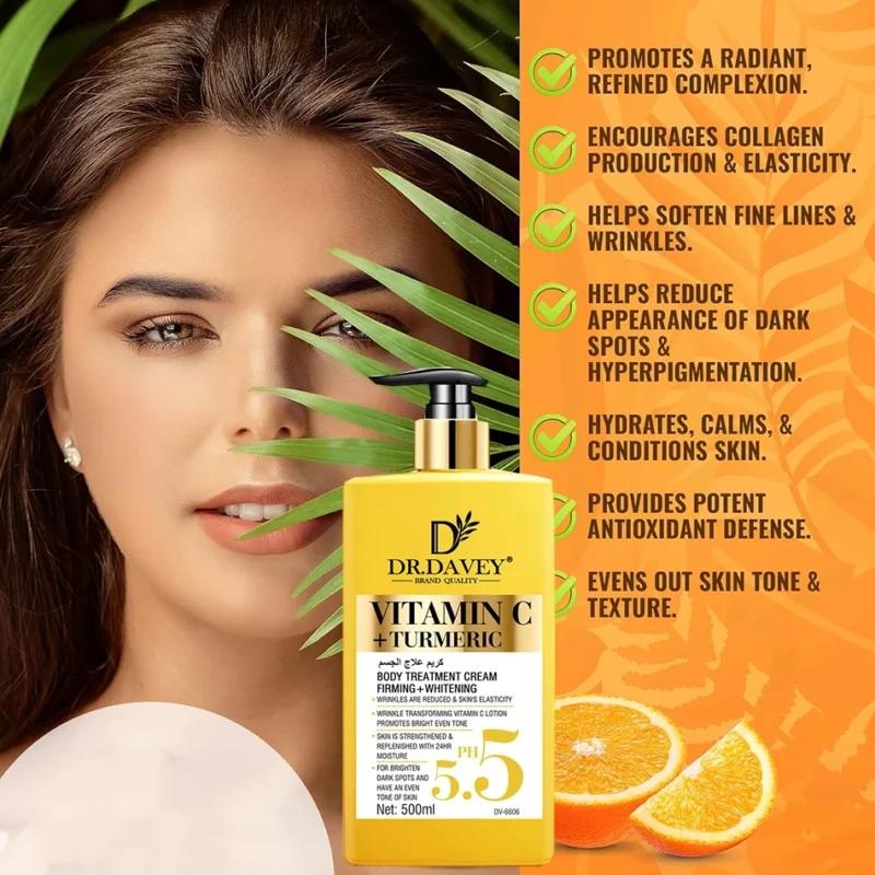 Vitamin C+Turmeric Body Lotion Brightening Cream. Anti-aging cream for age spots, dark spots on face, hands, body. Large 500ml - Image 2