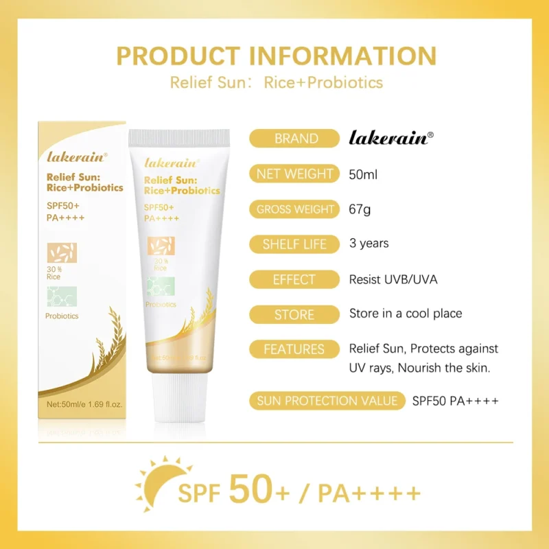 Lakerain SPF50+ Rice+Probiotics Sunscreen Skin Protection Refreshing Makeup Sunscreen Cream UV Resistance Facial Sunscreen New - Image 6